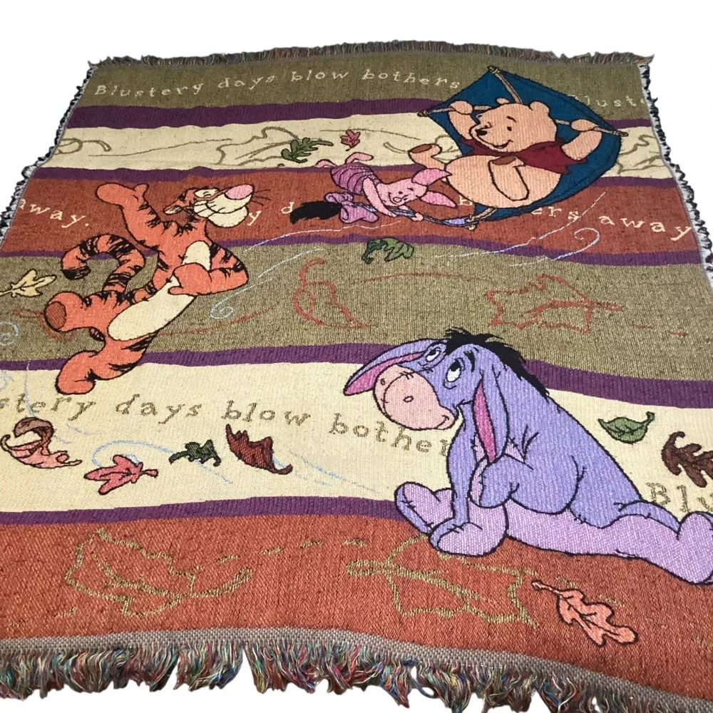 Vintage Disney Winnie the Pooh Blustery Day Woven Tapestry Throw Blanket 52x46
